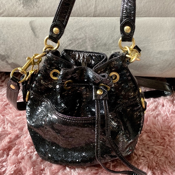 Coach Handbags - Coach Black Sequin Drawstring Bucket Crossbody Bag